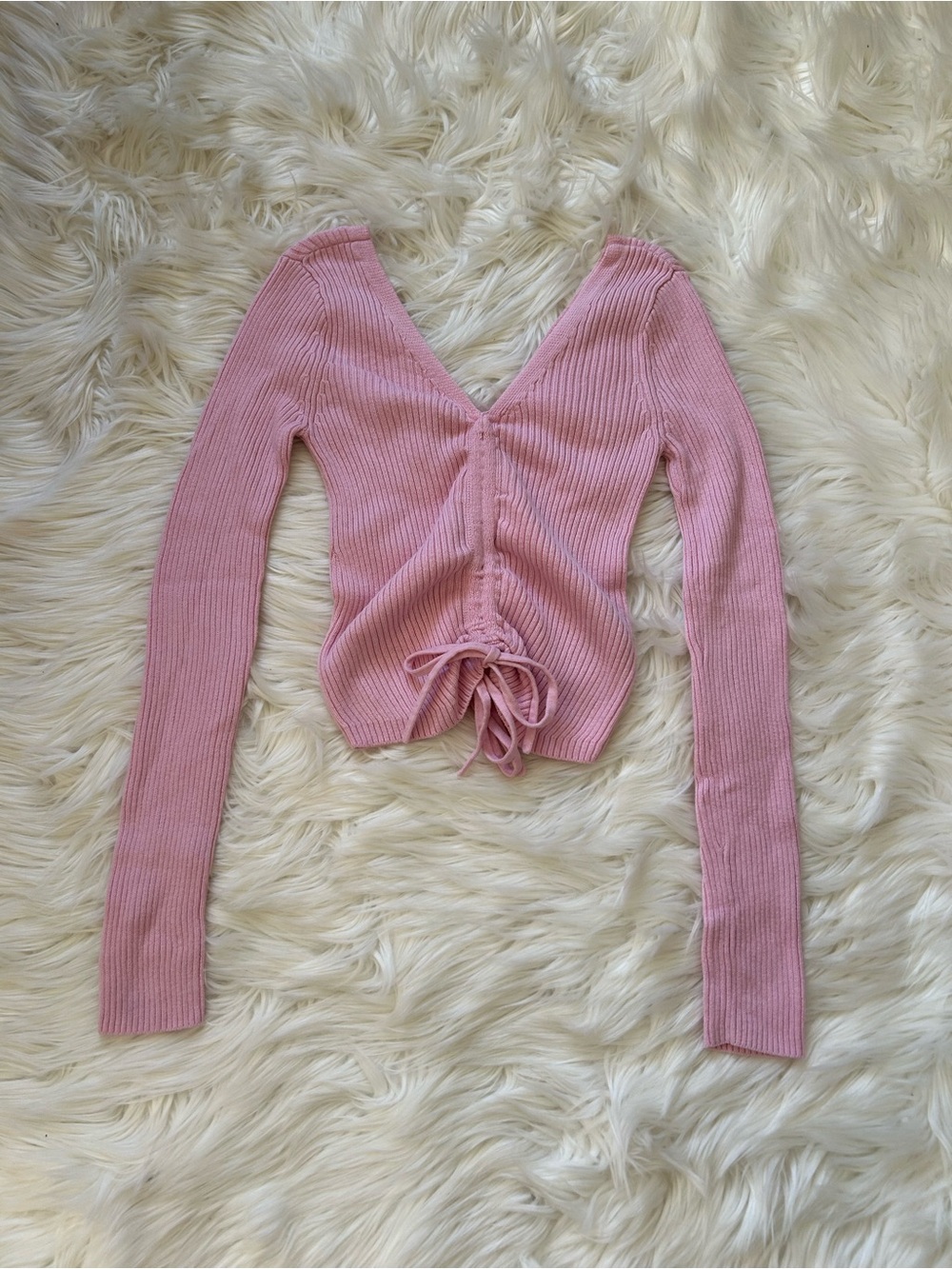Hollister Pink Ribbed V-Neck Tie-Front Long Sleeve Top